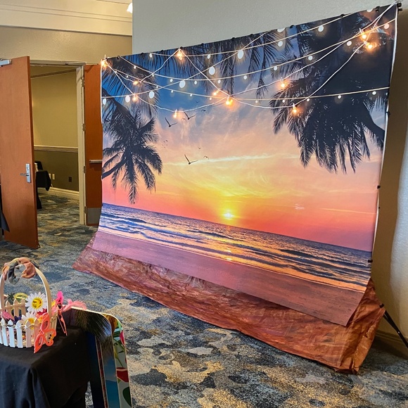 🌅 10’ x 7’ Photo Booth Backdrop Sunset Large Beach Palm Tree Photo Patio Lights - Picture 4 of 8